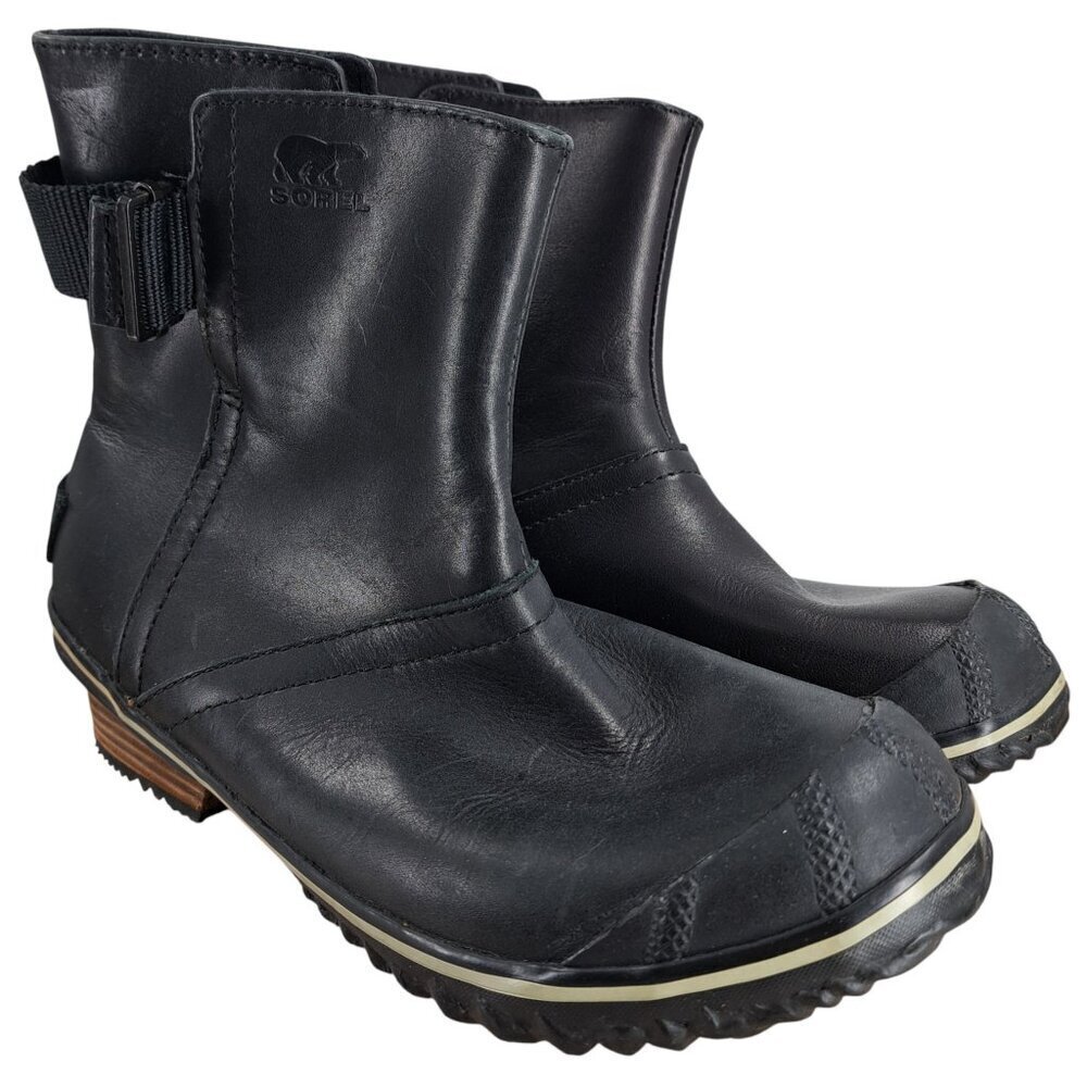 Sorel Slimboot Black Pull On Leather Rubber Ankle Boots Size 7.5 Shortie Rain
